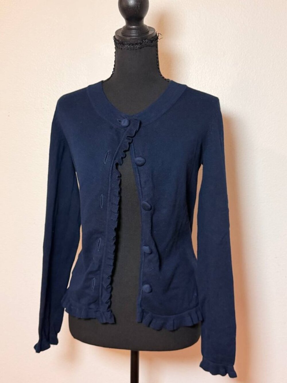 Tommy Hilfiger Navy Blue Ruffle Trim Pima Cotton Cardigan Sweater Preppy